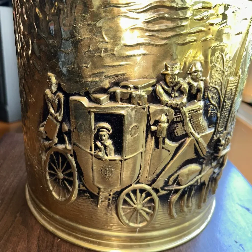 Vintage MCM Brass Coal Bucket England gold tone embossed coach and horses